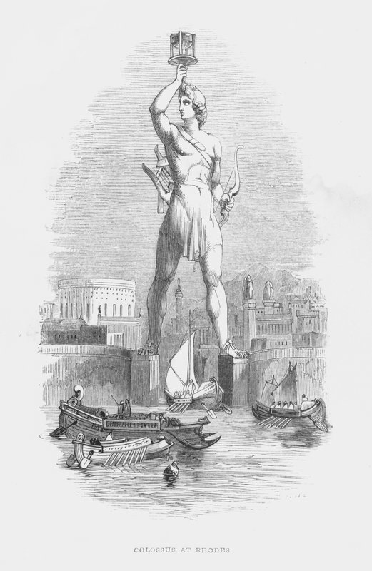 Seven Wonders Of The Ancient World: Colossus at Rhodos (gravering) av English School