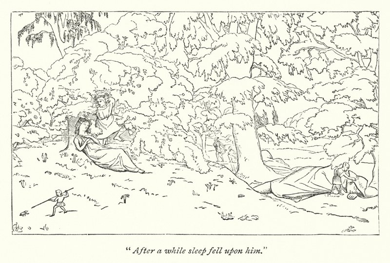Shakespeares En midtsommernattsdrøm; Titania sover (gravering) av English School