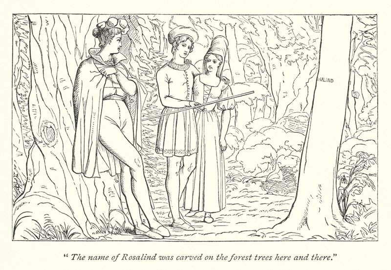 Shakespeares As You Like It; Orlando ser Rosalind forkledd som Ganymede (gravering) av English School