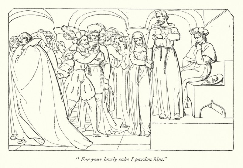 Shakespeares mål for mål; Claudio benådet av hertugen (gravering) av English School