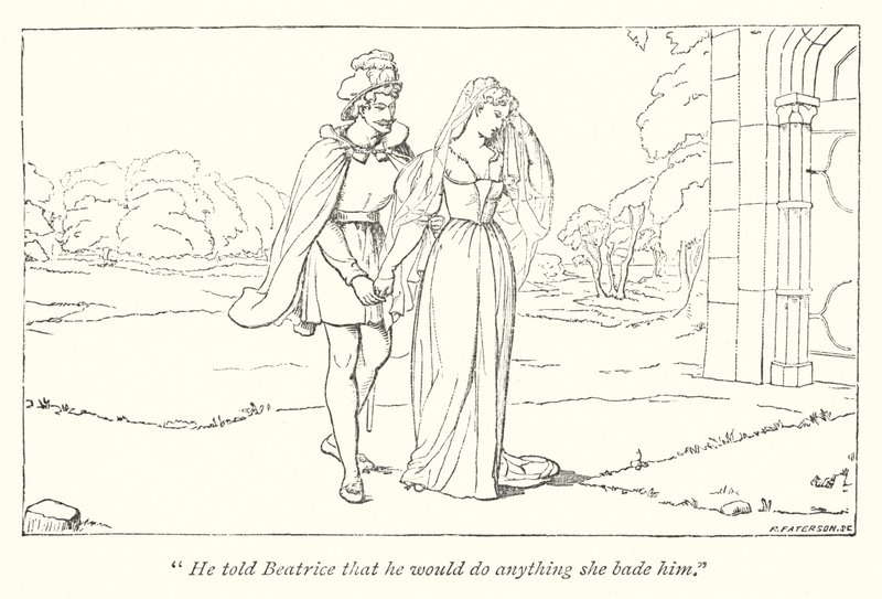 Shakespeares mye ståhei om ingenting; Beatrice beklager Heros skam mot Benedick (gravering) av English School