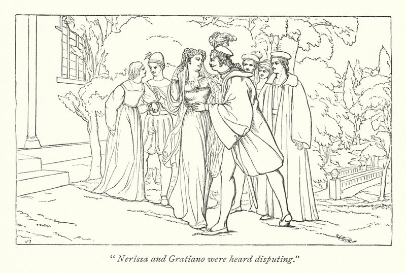 Shakespeares The Merchant of Venice; Portia oppdager seg selv som de påståtte Doctors of Laws (gravering) av English School