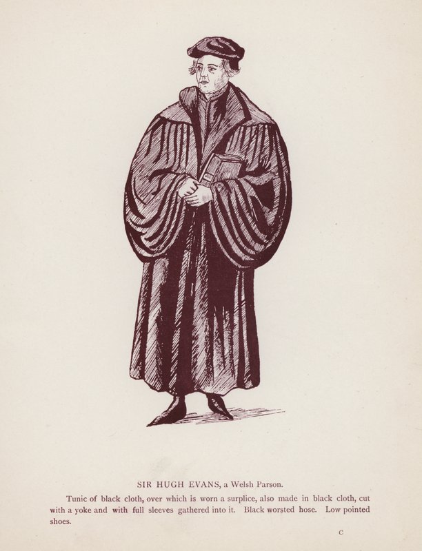 Shakespeares The Merry Wives of Windsor: Sir Hugh Evans, en walisisk prest (litho) av English School