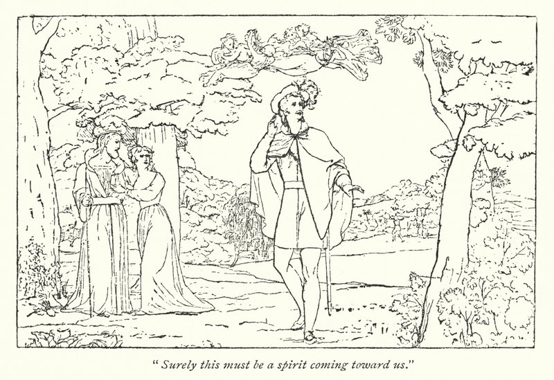 Shakespeares Stormen; Ferdinand ledet av Ariels sang (gravering) av English School