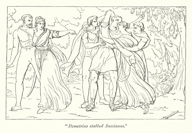 Shakespeares Titus Andronicus; Demetrius, påskyndet av Tamora, myrder Bassianus (gravering) av English School
