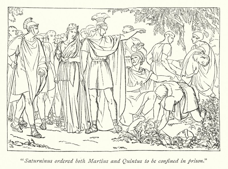 Shakespeares Titus Andronicus; Martius og Quintus arrestert for drapet på Bassianus (gravering) av English School