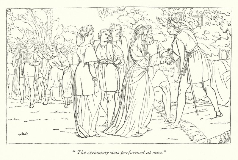 Shakespeares tolvte natt; Orsino mottar Viola fra hendene på beskytteren hennes (gravering) av English School