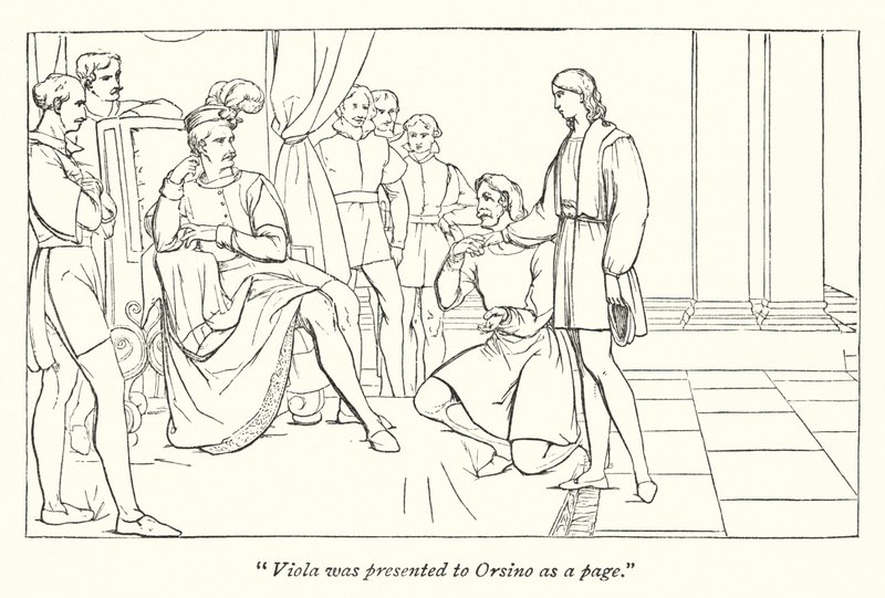 Shakespeares tolvte natt; Bildeteksten som presenterer Viola for Orsino av English School