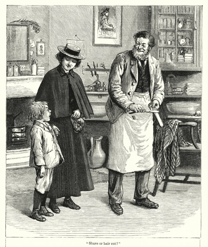 "Barbering eller hårklipp?" (gravering) av English School