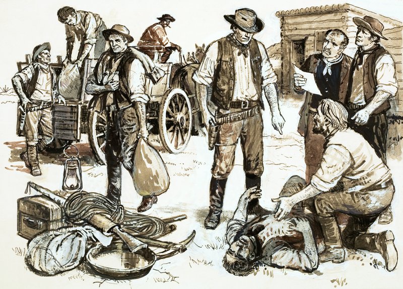 Sheriff Henry Plummer var ansvarlig for engros ran og vold (gouache på papir) av English School