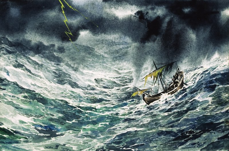 Skip i storm (gouache på papir) av English School