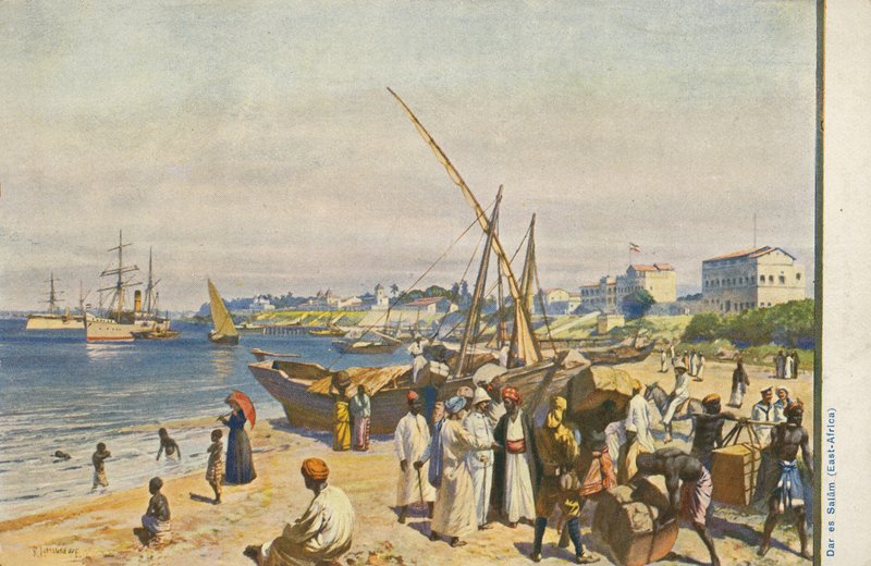 Skip på stranden, Dar es Salaam, Tanzania (farge litho) av English School