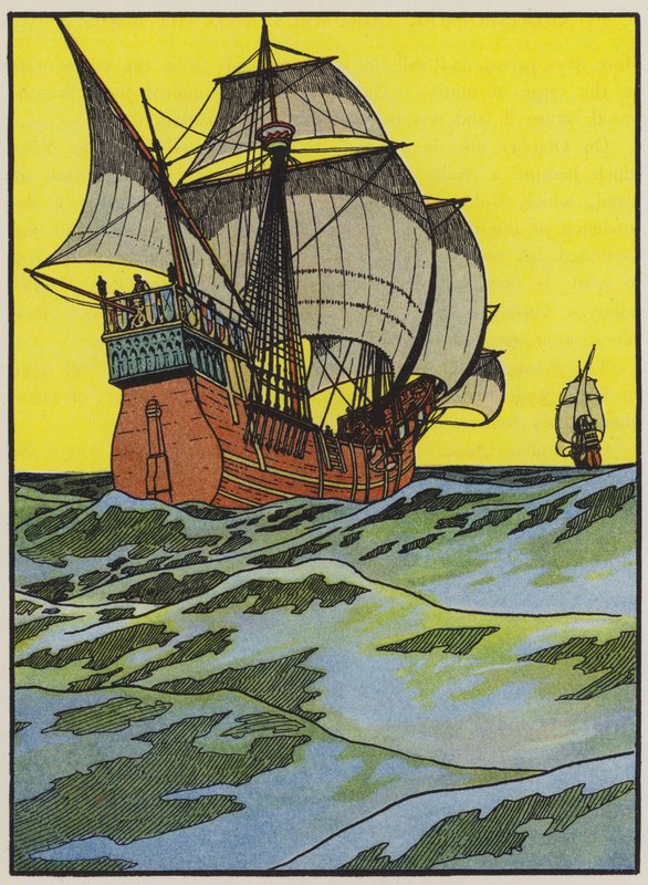 Skip av Christopher Columbus som krysser Atlanterhavet (fargelitografi) av English School