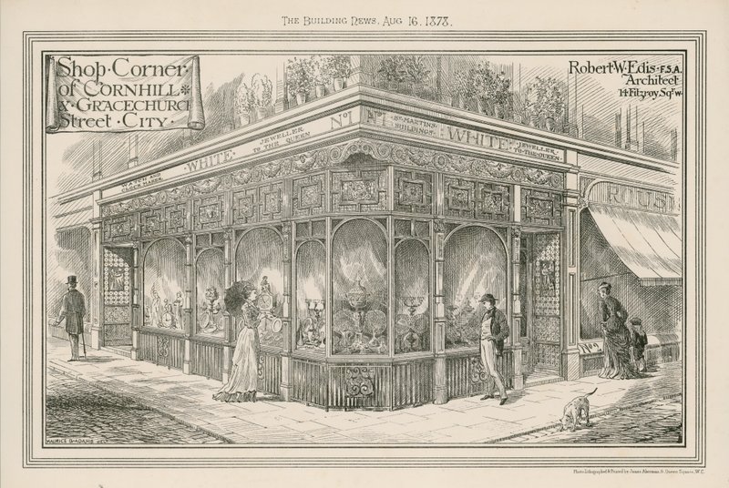 Butikkhjørnet av Cornhill og Gracechurch Street, City, London av English School