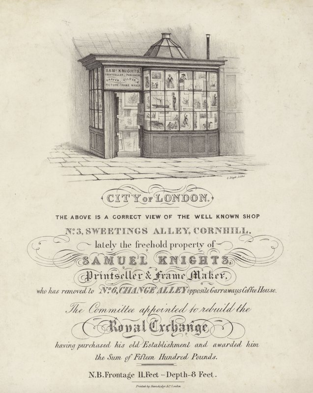 Butikk til Samuel Knights, trykkeri og rammemaker, 3 Sweetings Alley, Cornhill, City of London av English School