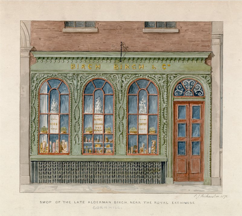 Butikk til avdøde Alderman Birch nær Royal Exchange. 1871 (wc på papir) av English School