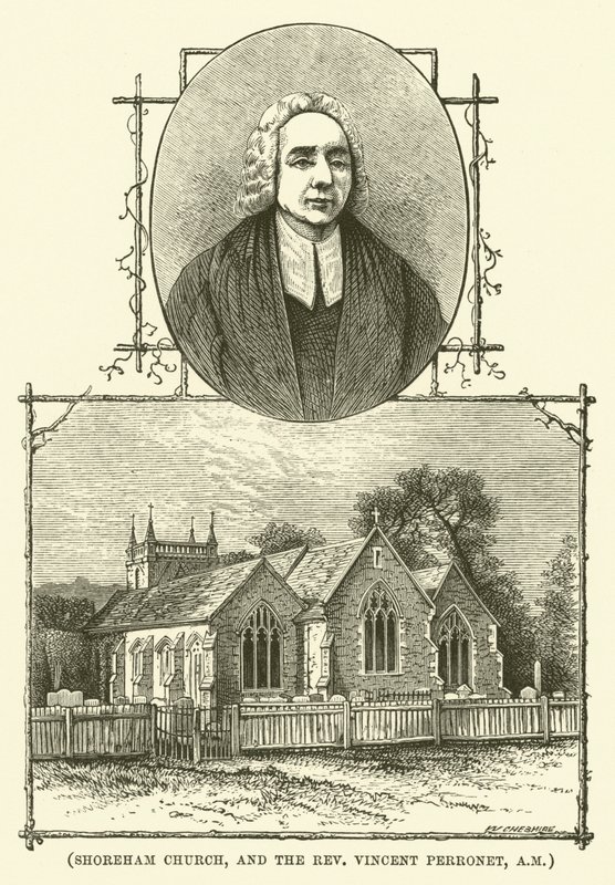 Shoreham kirke og pastor Vincent Perronet, AM (gravering) av English School