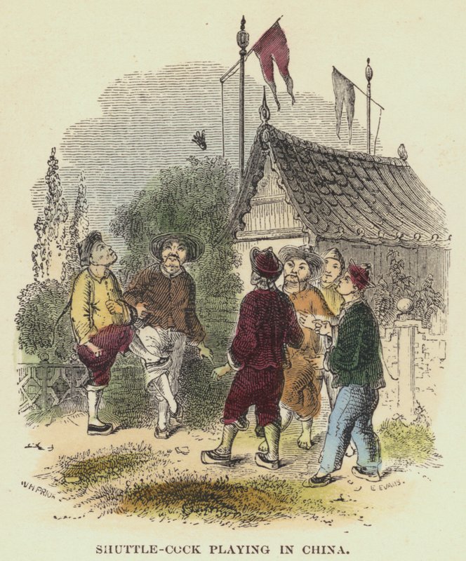 Shuttle-cock Playing i Kina (farget gravering) av English School