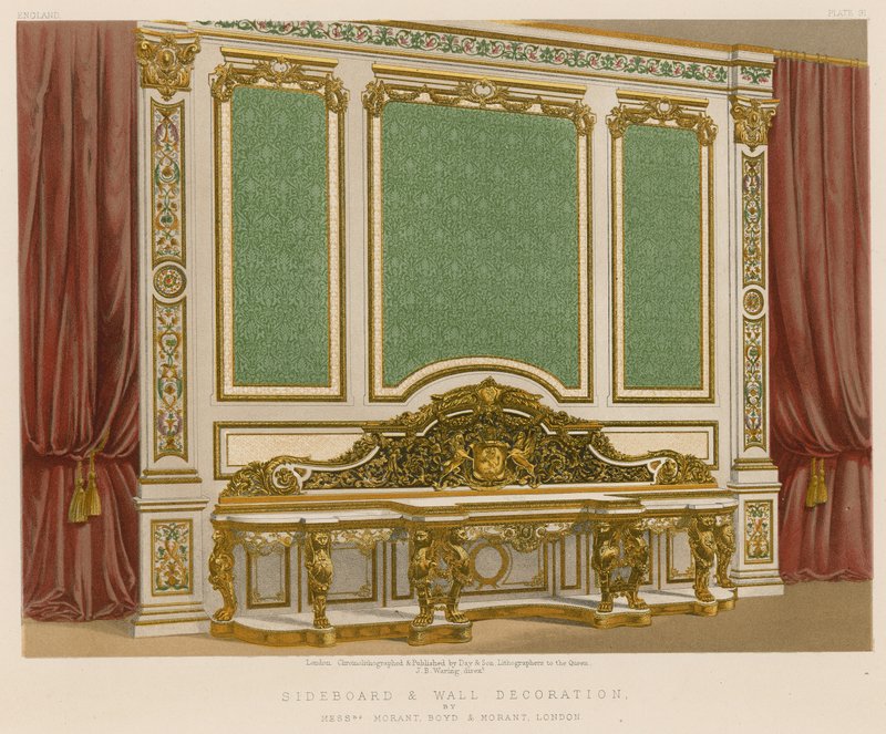 Skjenk og veggdekorasjon av Mrs Morant, Boyd og Morant, London av English School