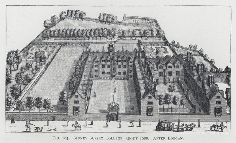 Sidney Sussex College, ca 1688, etter Loggan (gravering) av English School