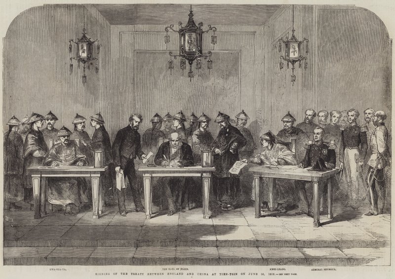 Signering av traktaten mellom England og Kina i Tien-Tsin 26. juni 1858 (gravering) av English School