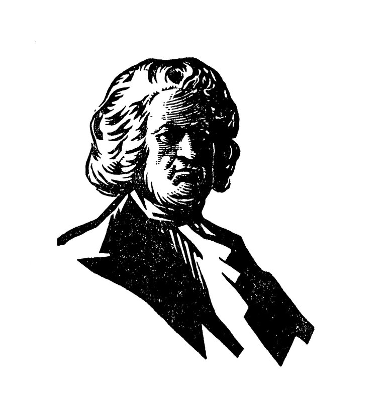 Silhuettportrett av Johann Sebastian Bach (fargelitografi) av English School