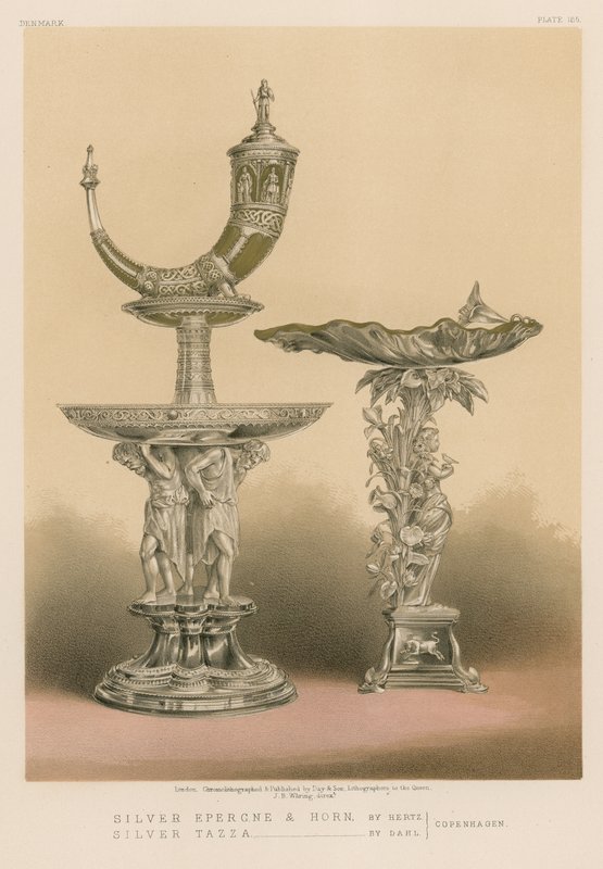 Silver Epergne og Horn av Hertz, Silver Tazza av Dahl, København av English School