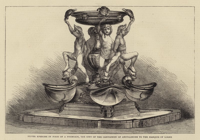 Sølv Epergne i form av en fontene, gave fra Gentlemen of Argyllshire til markisen av Lorne (gravering) av English School