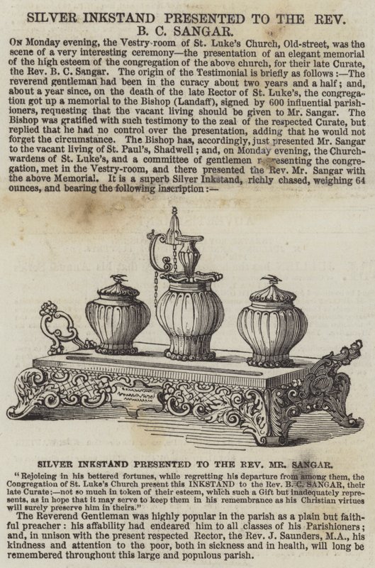 Silver Inkstand presented to the Reverend B C Sangar (engraving) av English School