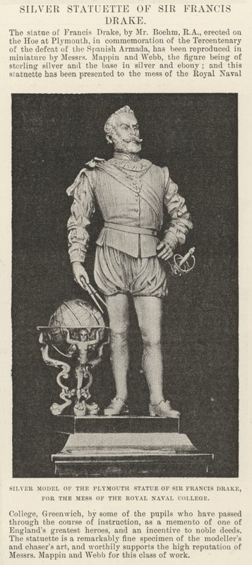 Sølvmodell av Plymouth-statuen av Sir Francis Drake, for rotet til Royal Naval College (gravering) av English School