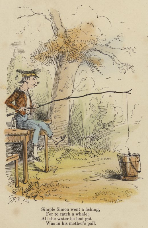 Simple Simon gikk på fiske, For å fange en hval; Alt vannet han hadde, var i morens spann (farget gravering) av English School