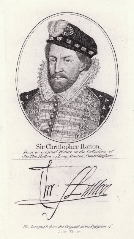 Sir Christopher Hatton, Lord Chancellor of England og favoritt til dronning Elizabeth I (gravering) av English School