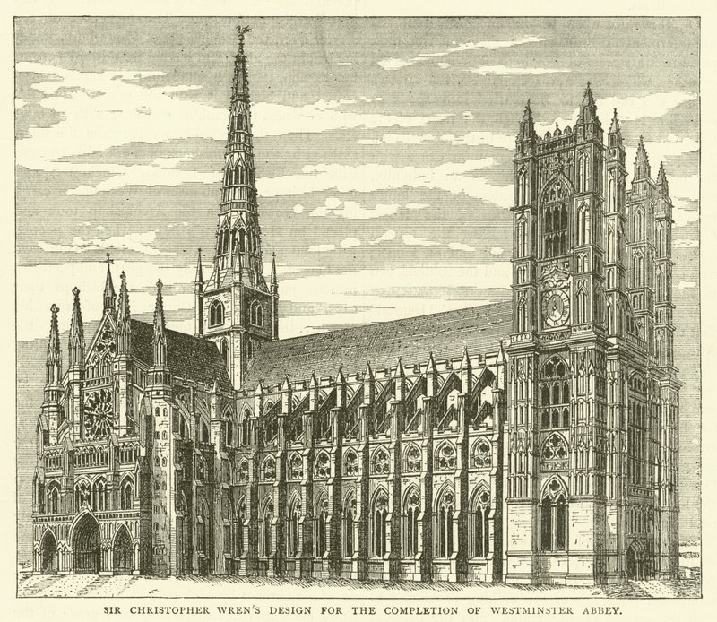 Sir Christopher Wrens design for ferdigstillelsen av Westminster Abbey (gravering) av English School