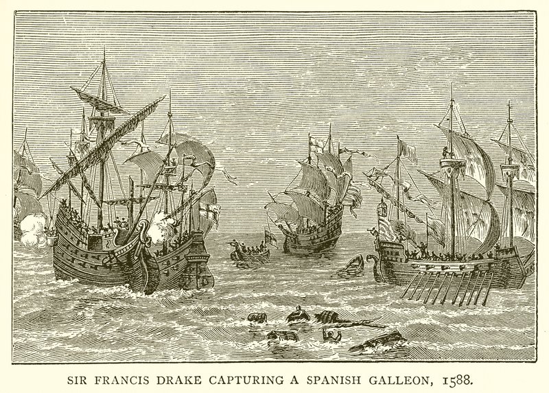 Sir Francis Drake fanget en spansk gallion, 1588 av English School