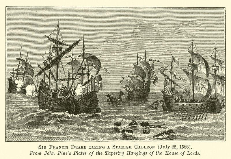 Sir Francis Drake tar en spansk gallion, 22. juli 1588 av English School