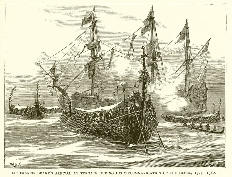 Sir Francis Drakes ankom Ternate under hans Circumnavigation of the Globe, 1577--1580 av English School