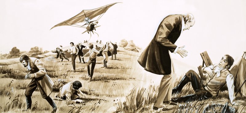Sir George Cayleys kusk flyr et fly i 1852 av English School