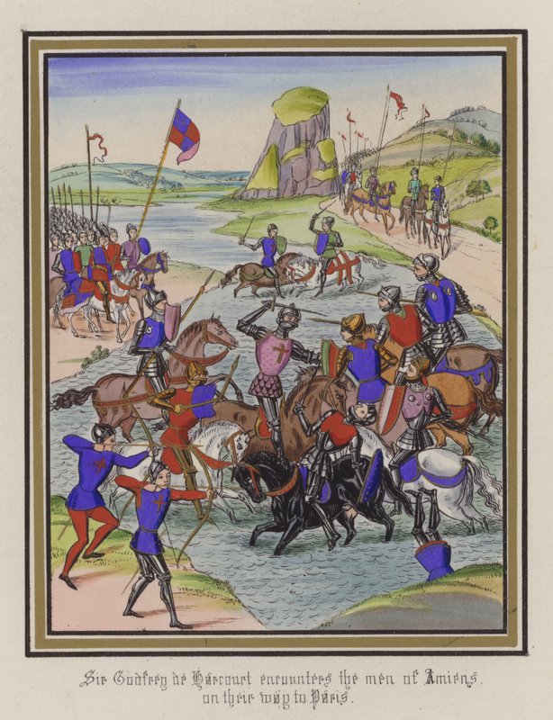 Sir Godfrey De Harcourt møter mennene fra Amiens på vei til Paris (farget gravering) av English School