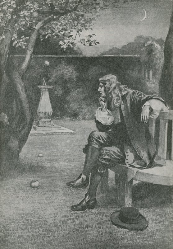 Sir Isaac Newton ser et eple falle av English School
