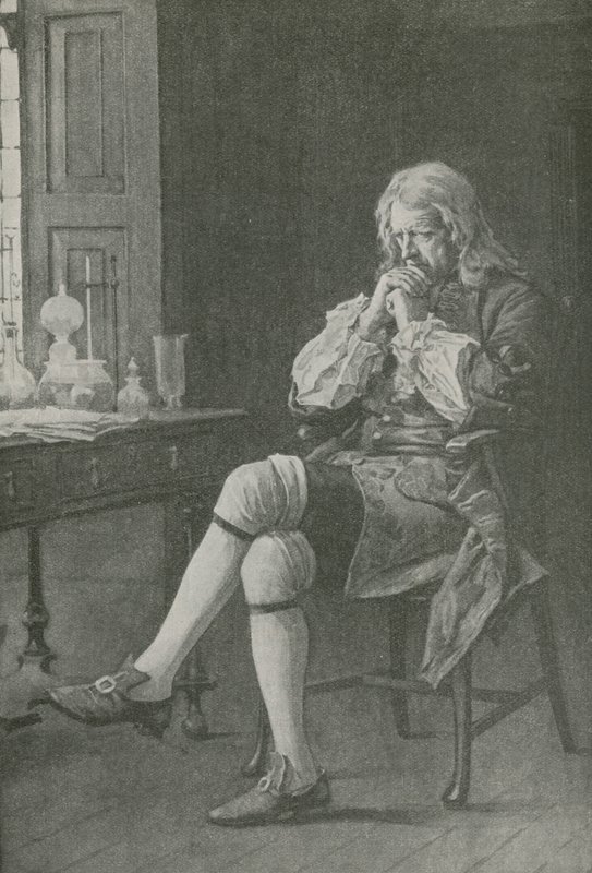 Sir Isaac Newton sitter og drømmer av English School