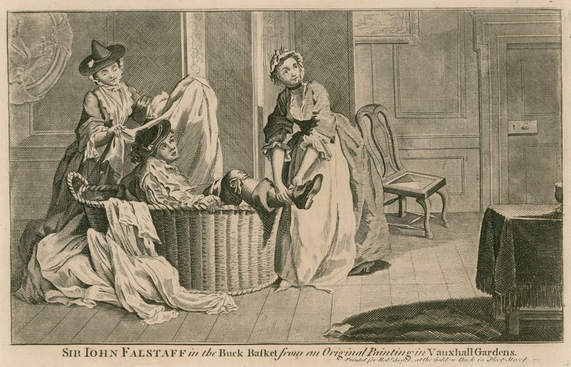 Sir John Falstaff i bukkekurven, fra et originalt maleri i Vauxhall Gardens, London av English School