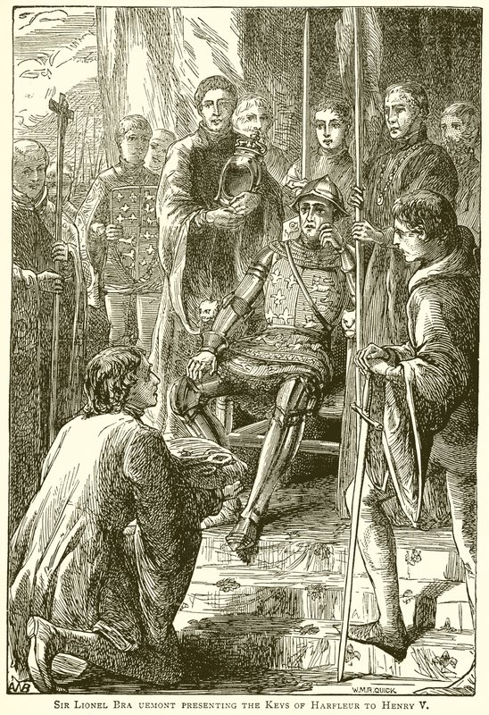 Sir Lionel Bra Uemont presenterer Keys of Harfleur til Henry V av English School