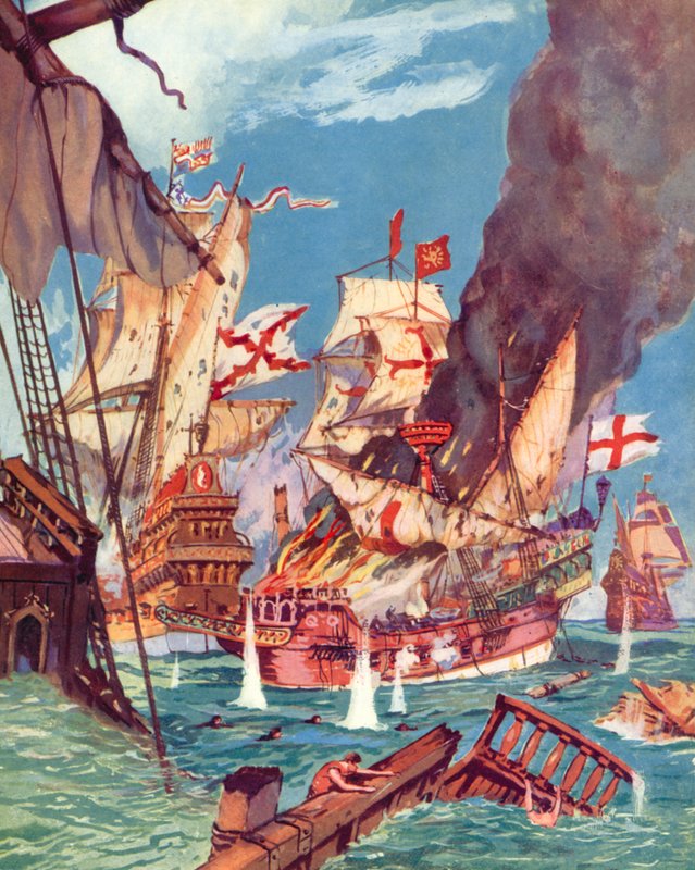 Sir Richard Grenville, Battle Of Flores (farge litho) av English School
