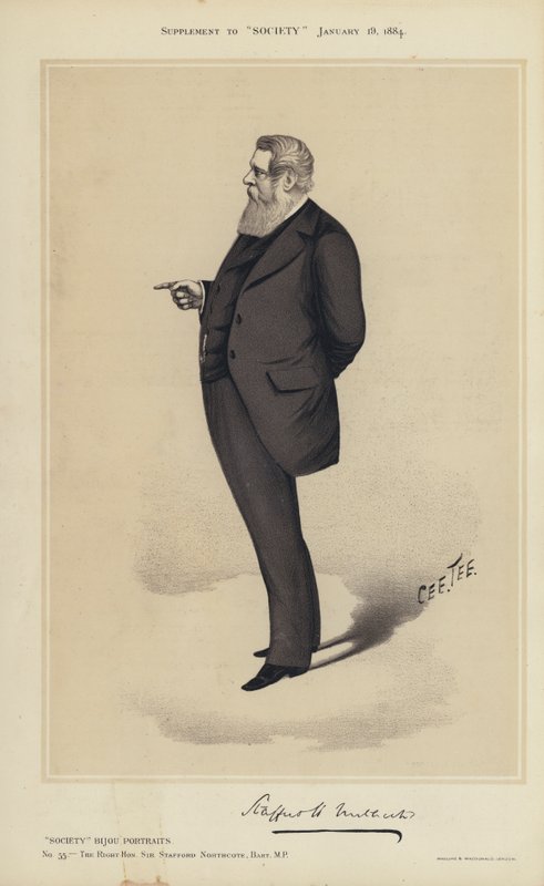 Sir Stafford Northcote, MP (farge litho) av English School