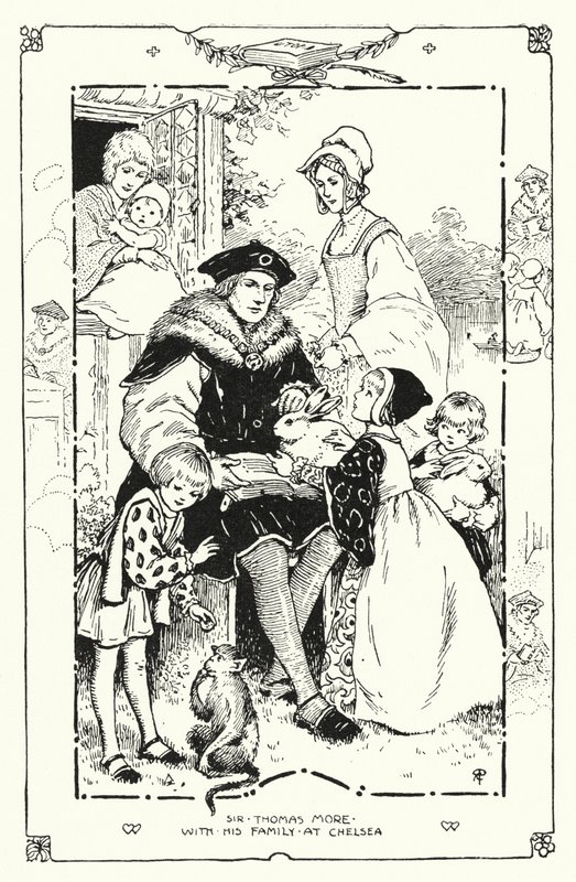 Sir Thomas More med sin familie i Chelsea (litho) av English School