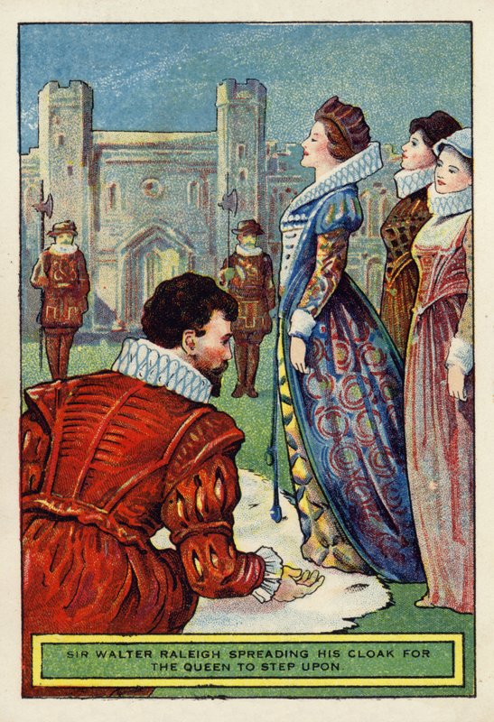 Sir Walter Raleigh sprer kappen sin for dronningen å trå på av English School