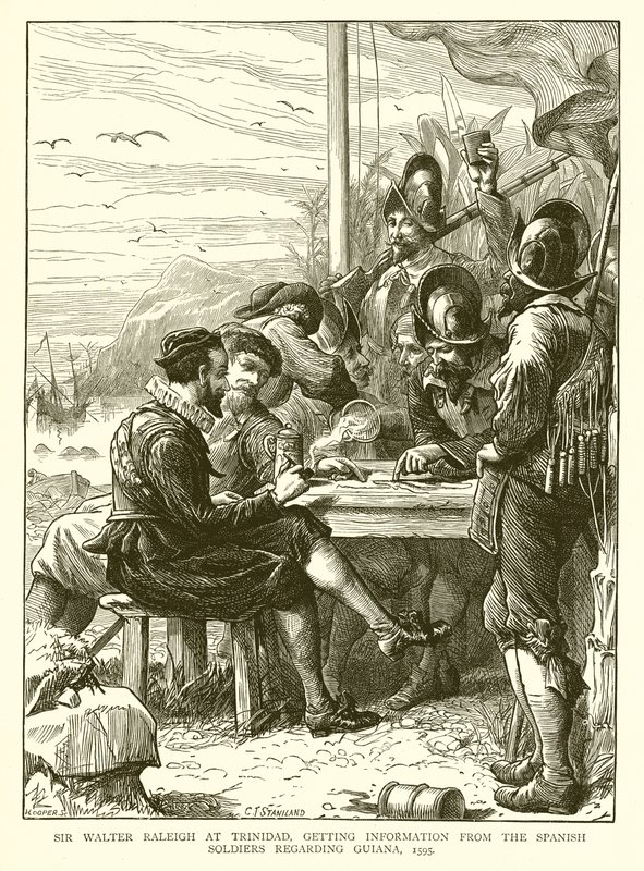Sir Walter Raleigh på Trinidad, får informasjon fra de spanske soldatene angående Guyana, 1595 av English School