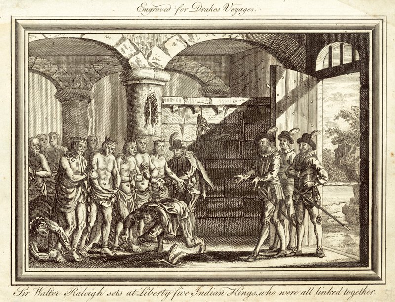 Sir Walter Raleigh setter fri fem indiske konger, som alle var knyttet sammen (gravering) av English School