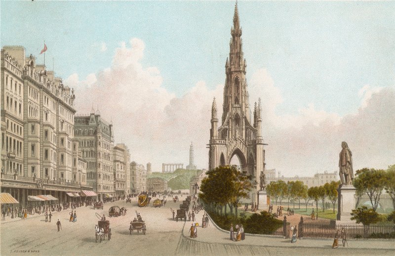 Sir Walter Scotts monument og Princes Street, Edinburgh av English School