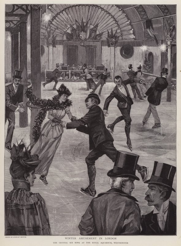 Skating på Crystal Ice Rink på Royal Aquarium, Westminster, London (litho) av English School